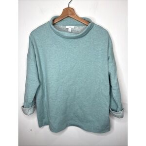 J Jill Cowl Neck Cuffed Sleeve Pullover Top Women's L Green 3/4  Cotton Preppy